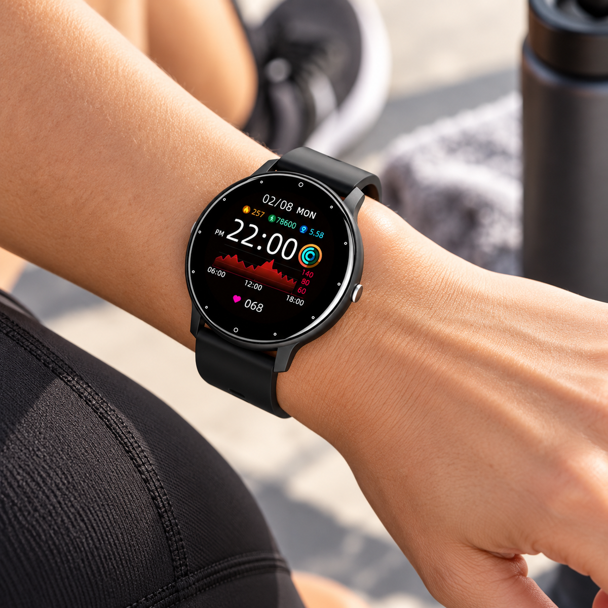Black Round Full Touch Screen Sports Smart Watch With Ip67 Waterproof
