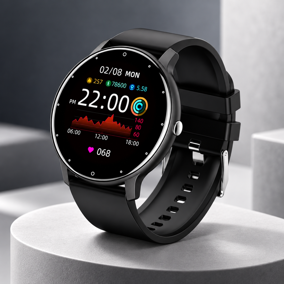 Black Round Full Touch Screen Sports Smart Watch With Ip67 Waterproof