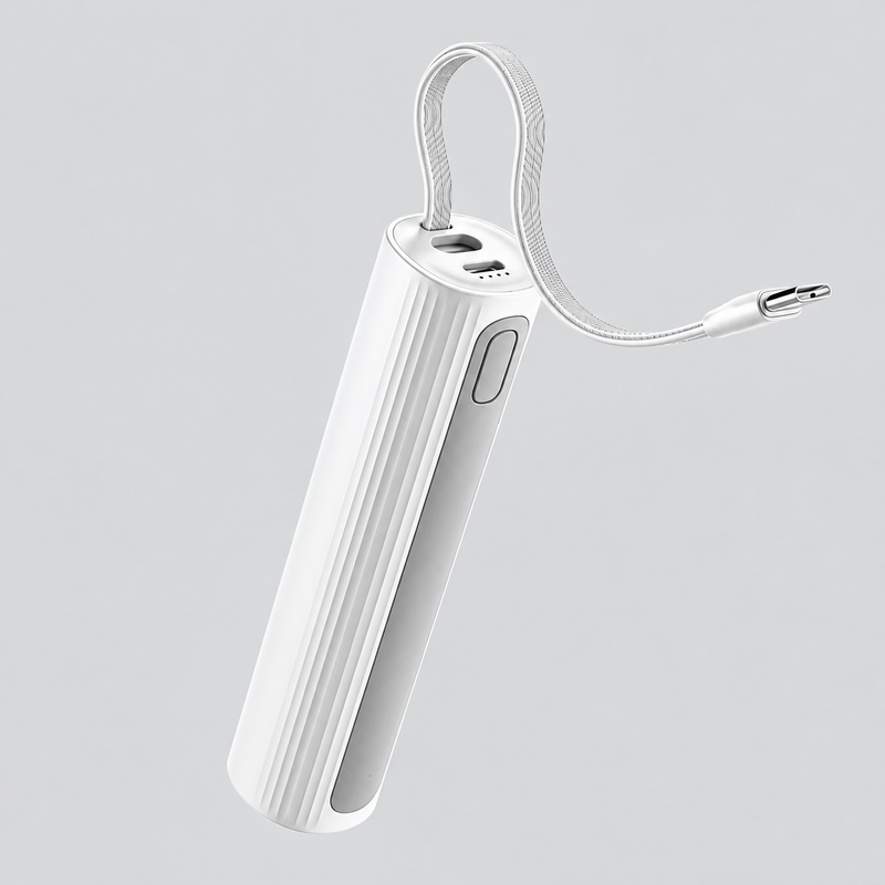 5000Mah 2-In-1 Portable Power Bank With Built-In Usb-C Cable And Led Flashlight White